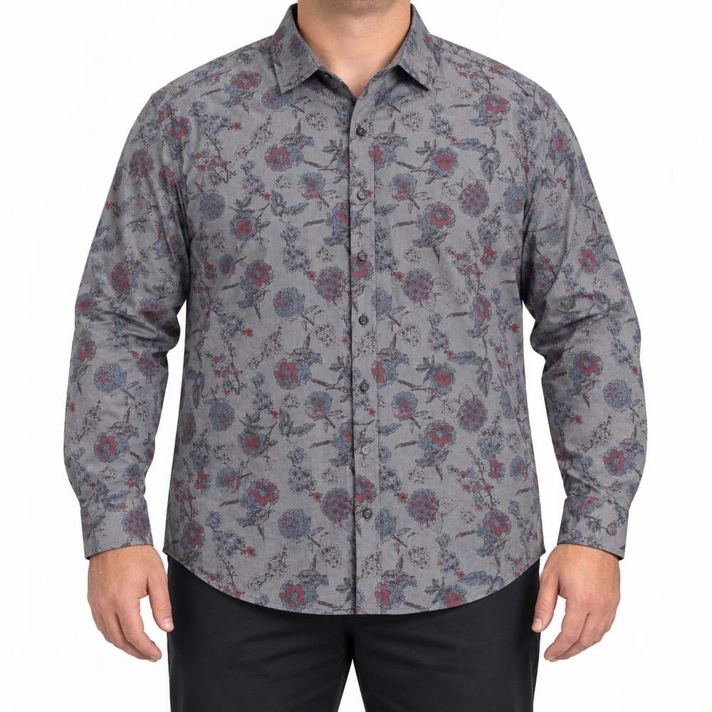 Synrgy Shirt Mens 2XL Gray Floral Cotton Blend Long Sleeve Button-Up Casual